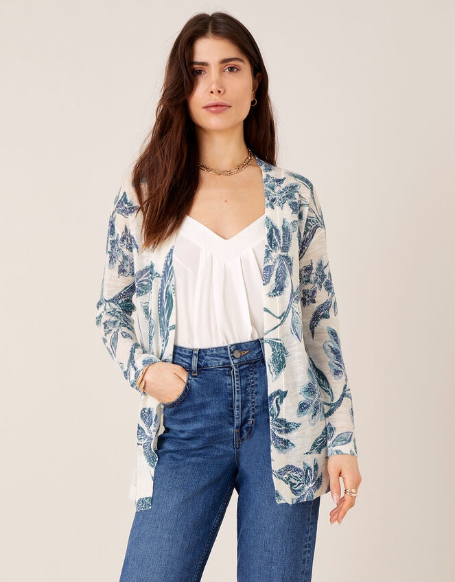 Balinese Print Cardigan in Linen Blend, Ivory (IVORY), large