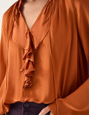 Arlette V-Neck Frill Satin Blouse, Copper (COPPER), large