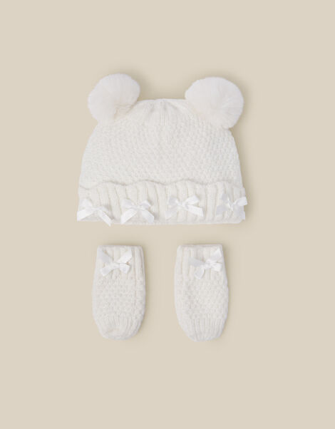 Baby Knitted Hat & Mittens Set, Ivory (IVORY), large