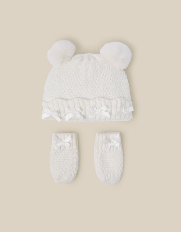 Baby Knitted Hat & Mittens Set, Ivory (IVORY), large
