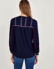 Embroidered Tape Sleeve Jersey Top, Blue (NAVY), large