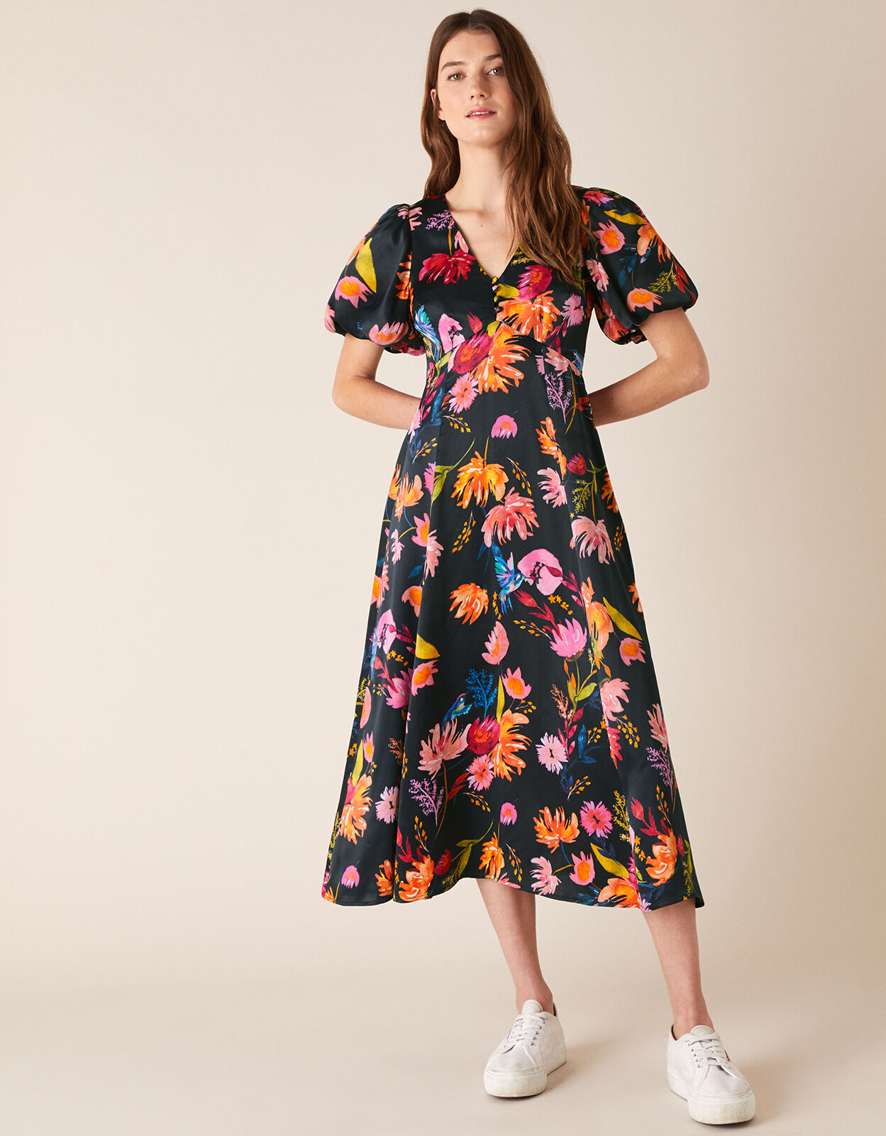 Willow Floral Satin Midi Dress Blue