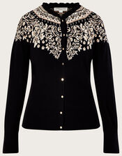 Frill Neck Fair Isle Cardigan with Sustainable Cotton, Black (BLACK), large