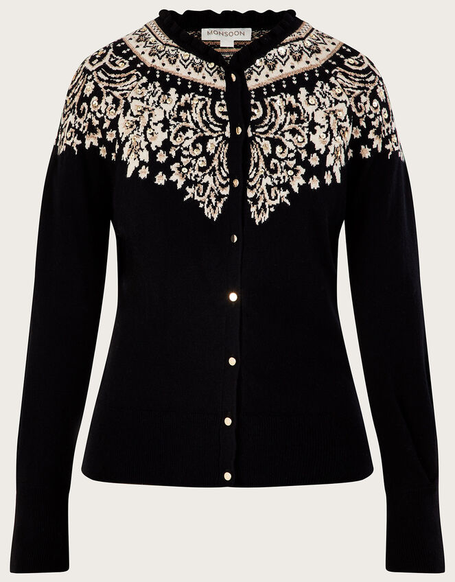 Frill Neck Fair Isle Cardigan with Sustainable Cotton, Black (BLACK), large