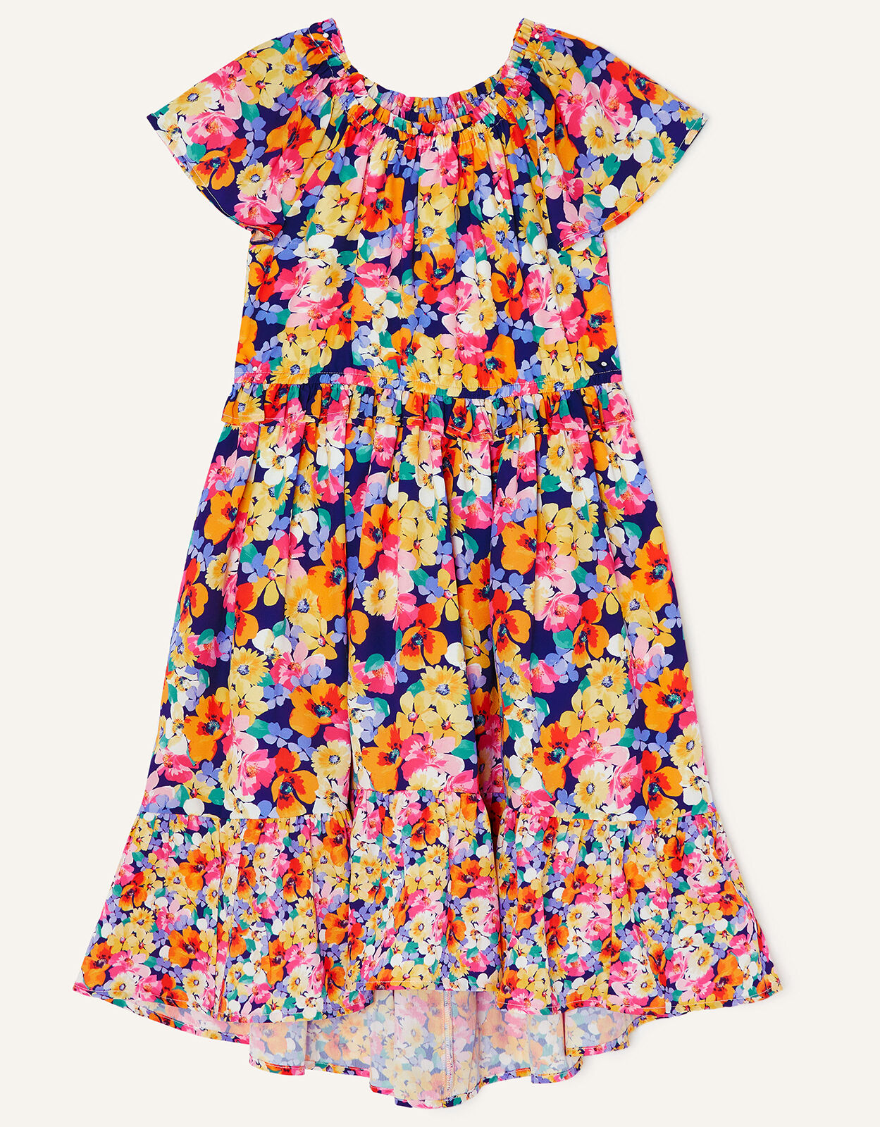 Multi Flower High Low Dress in Recycled Polyester Orange