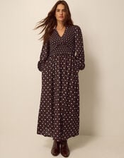 Shae Polka Dot Jersey Midi Dress, Brown (CHOCOLATE), large