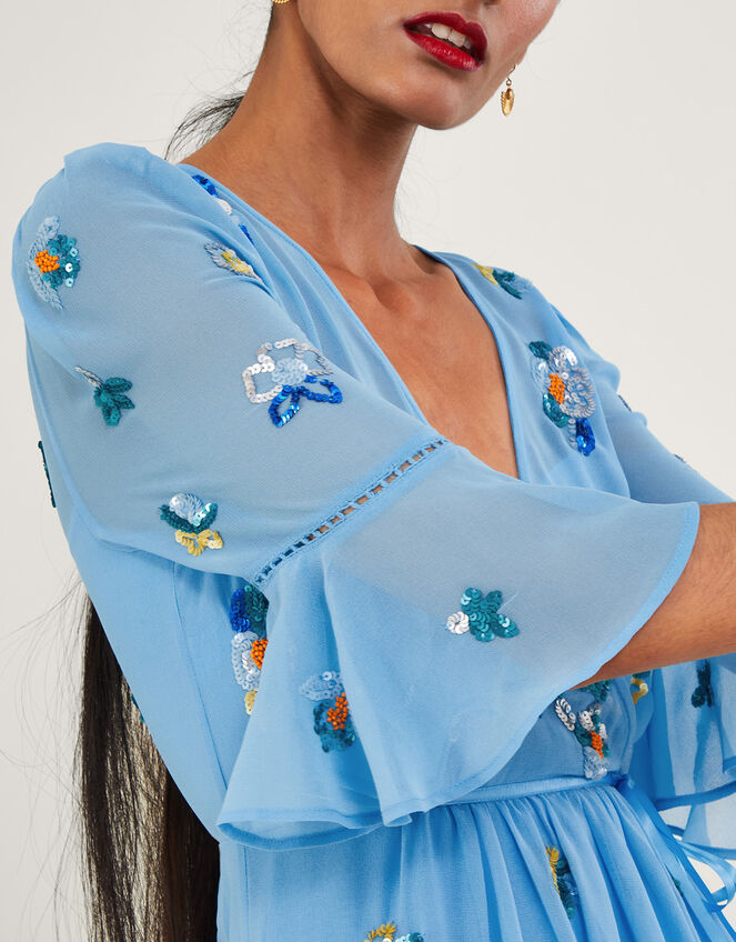 Daniella Embellished Wrap Dress in Recycled Polyester, Blue (BLUE), large