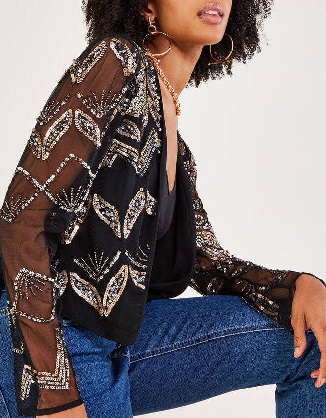 Finnley Sheer Sleeve Embellished Jacket, Black (BLACK), large