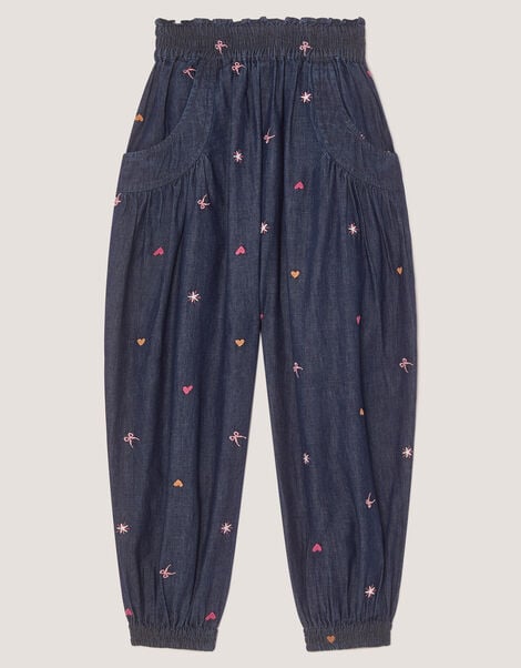 Embroidered Chambray Cuffed Trousers, Blue (BLUE), large