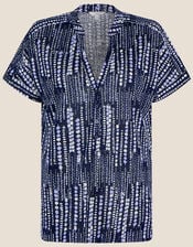 Print Button Short Sleeve Top in Linen Blend, Blue (NAVY), large