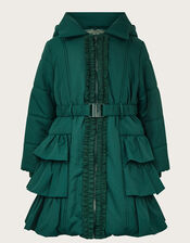 Tiered Belted Padded Coat, Green (GREEN), large