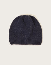 Bow Pearly Knit Beanie Hat with Recycled Polyester, Blue (NAVY), large