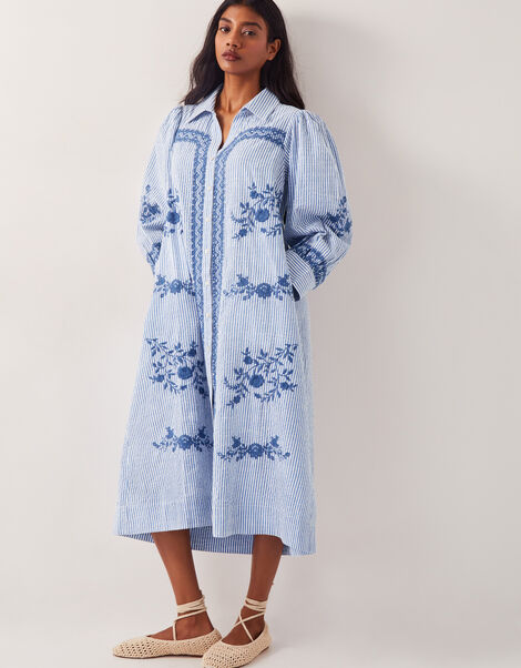 Marlowe Stripe Embroidered Midi Shirt Dress, Blue (BLUE), large