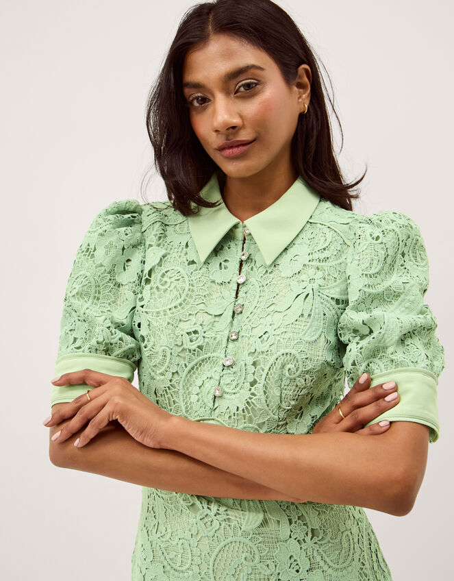 Bridget Puff Sleeve Lace Midi Dress, Green (MINT), large