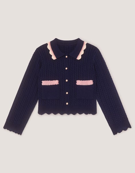 Embellished Cable Knit Cardigan, Blue (NAVY), large
