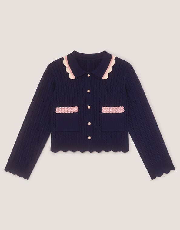 Embellished Cable Knit Cardigan, Blue (NAVY), large