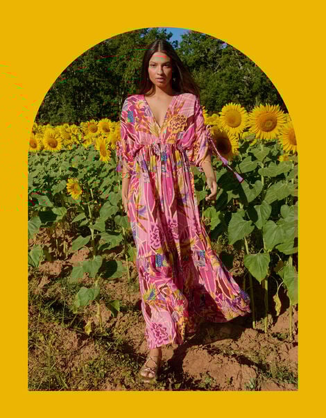 Piti Cuiti Floral Print Maxi Kaftan Dress, Pink (PINK), large