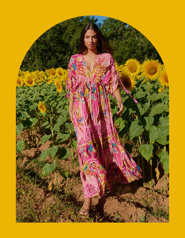 Piti Cuiti Floral Print Maxi Kaftan Dress, Pink (PINK), large