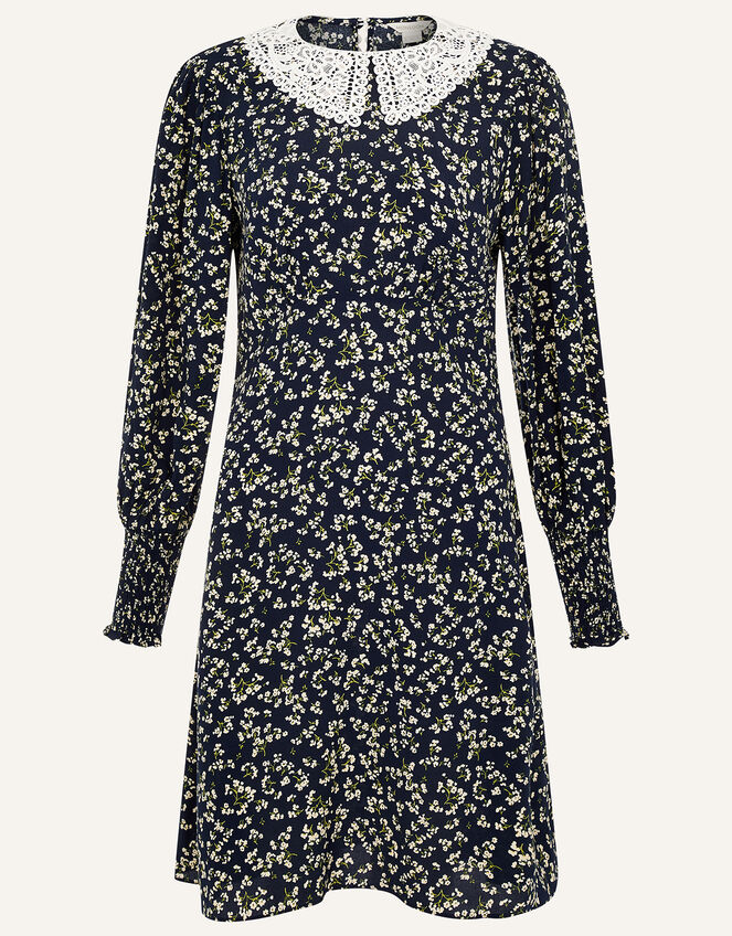 Lace Collar Floral Dress, Blue (NAVY), large