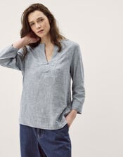 Alexis Stripe Linen-Blend Top, Blue (NAVY), large