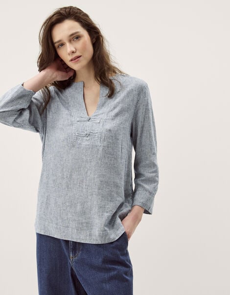 Alexis Stripe Linen-Blend Top, Blue (NAVY), large