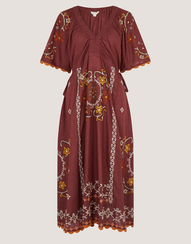 brown embroidered dress Greta Short Sleeve Embroidered Midi Dress Brown | Day Dresses