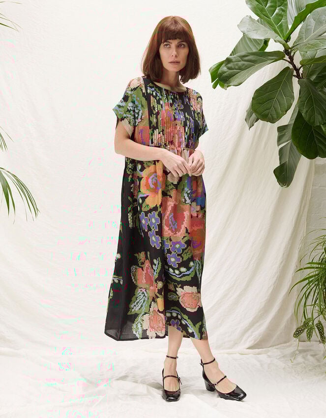 One Hundred Stars Flower Pleat Dress, Black (BLACK), large