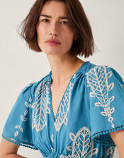 Noa Short Sleeve Embroidered Midi Dress, Blue (BLUE), large