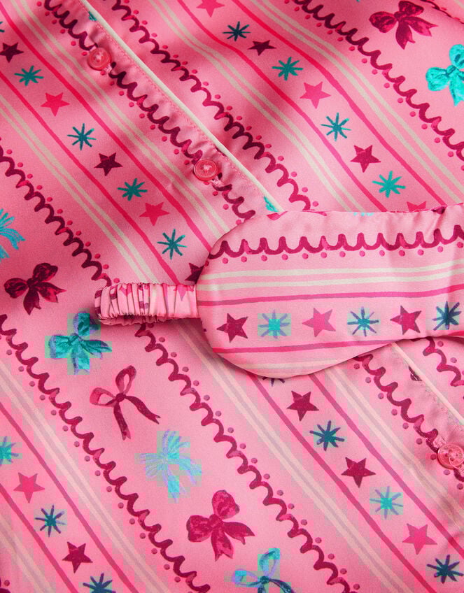 Bow Print Satin Long Pyjamas & Sleep Mask Set, Pink (PINK), large