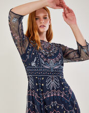 Jeannine Embellished Midi Dress in Recycled Polyester, Blue (NAVY), large