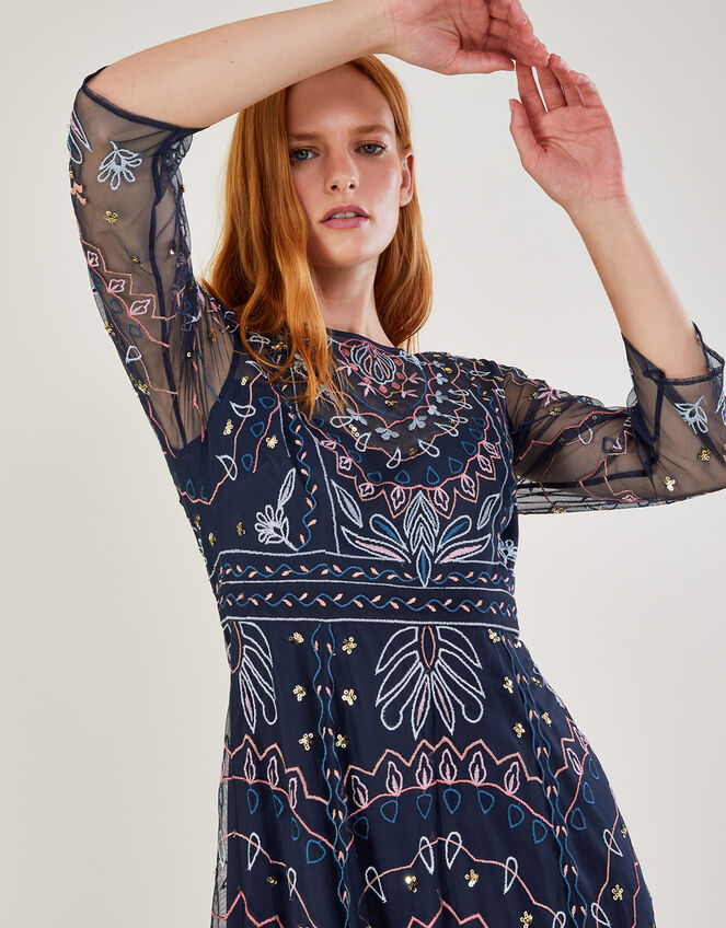 Jeannine Embellished Midi Dress in Recycled Polyester, Blue (NAVY), large