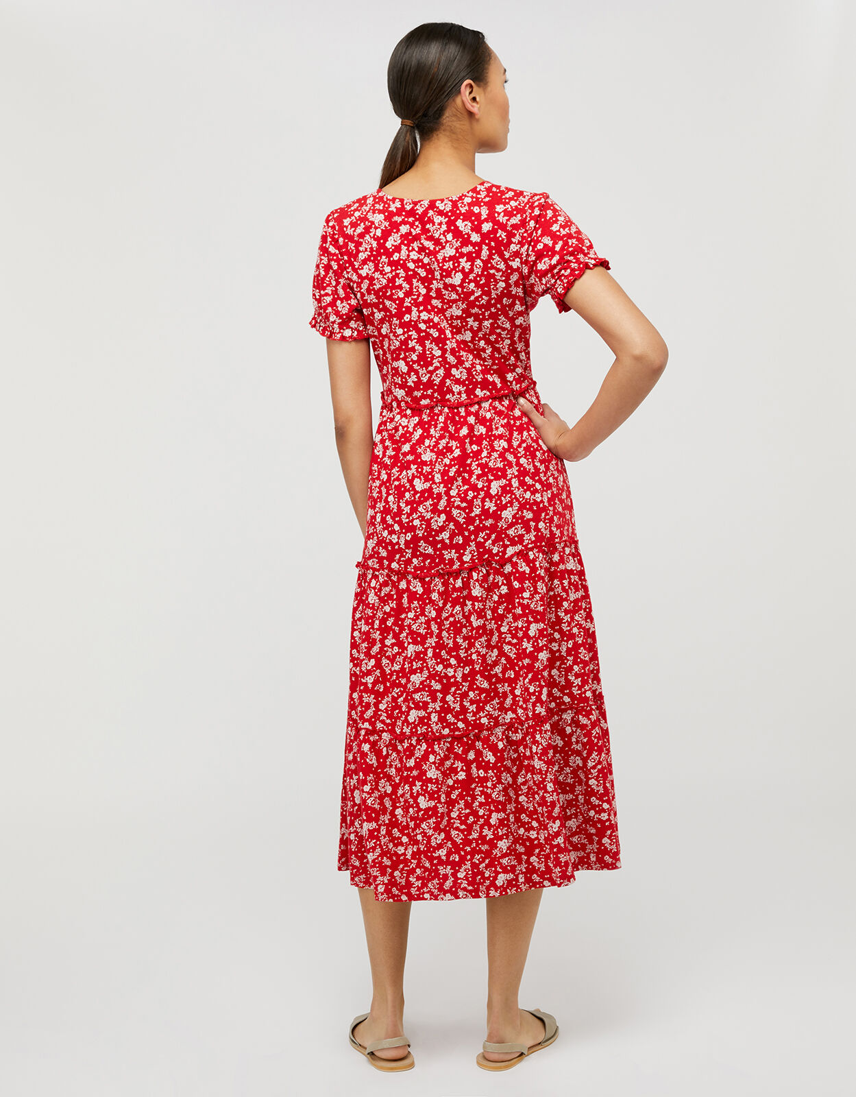 Red floral midi dress with sleeves