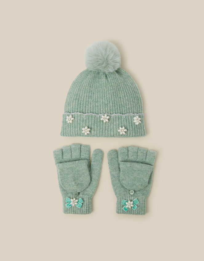 Pearl Flower Bobble Hat & Gloves Set, Green (GREEN), large