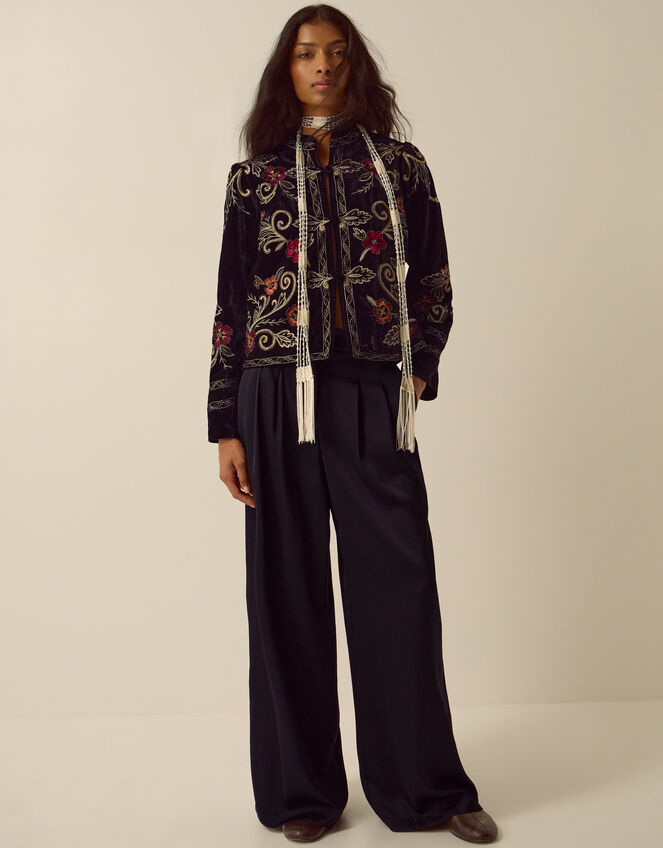 Frankie Floral Embroidered Velvet Jacket, Black (BLACK), large