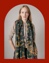One Hundred Stars Dragon Print Wool Scarf, Green (GREEN), large