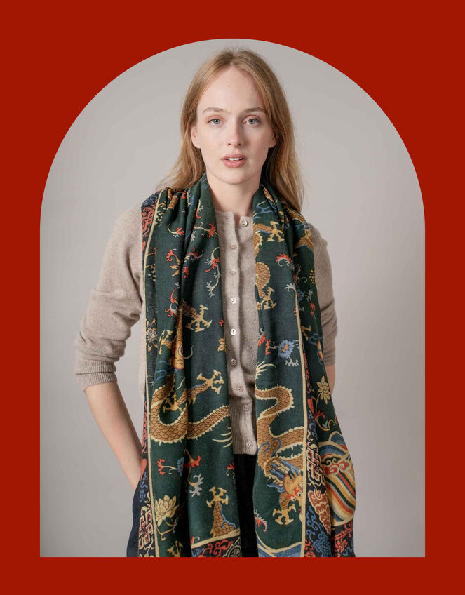 One Hundred Stars Dragon Print Wool Scarf, Green (GREEN), large
