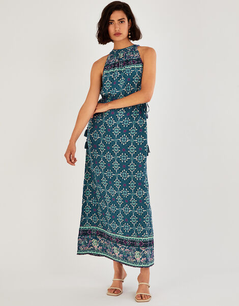 Geometric Tile Print Halter Maxi Dress Teal, Teal (TEAL), large