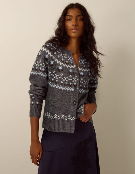 Fleur Floral Fair Isle Crew Neck Cardigan, Grey (GREY), large