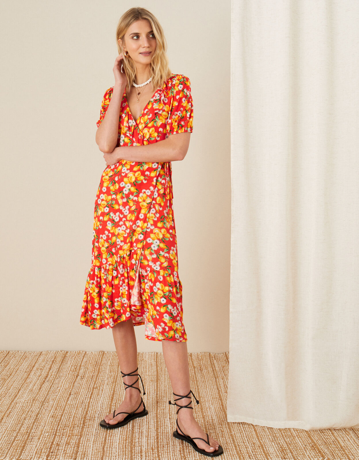 Lily Lemon Print Wrap Dress Red