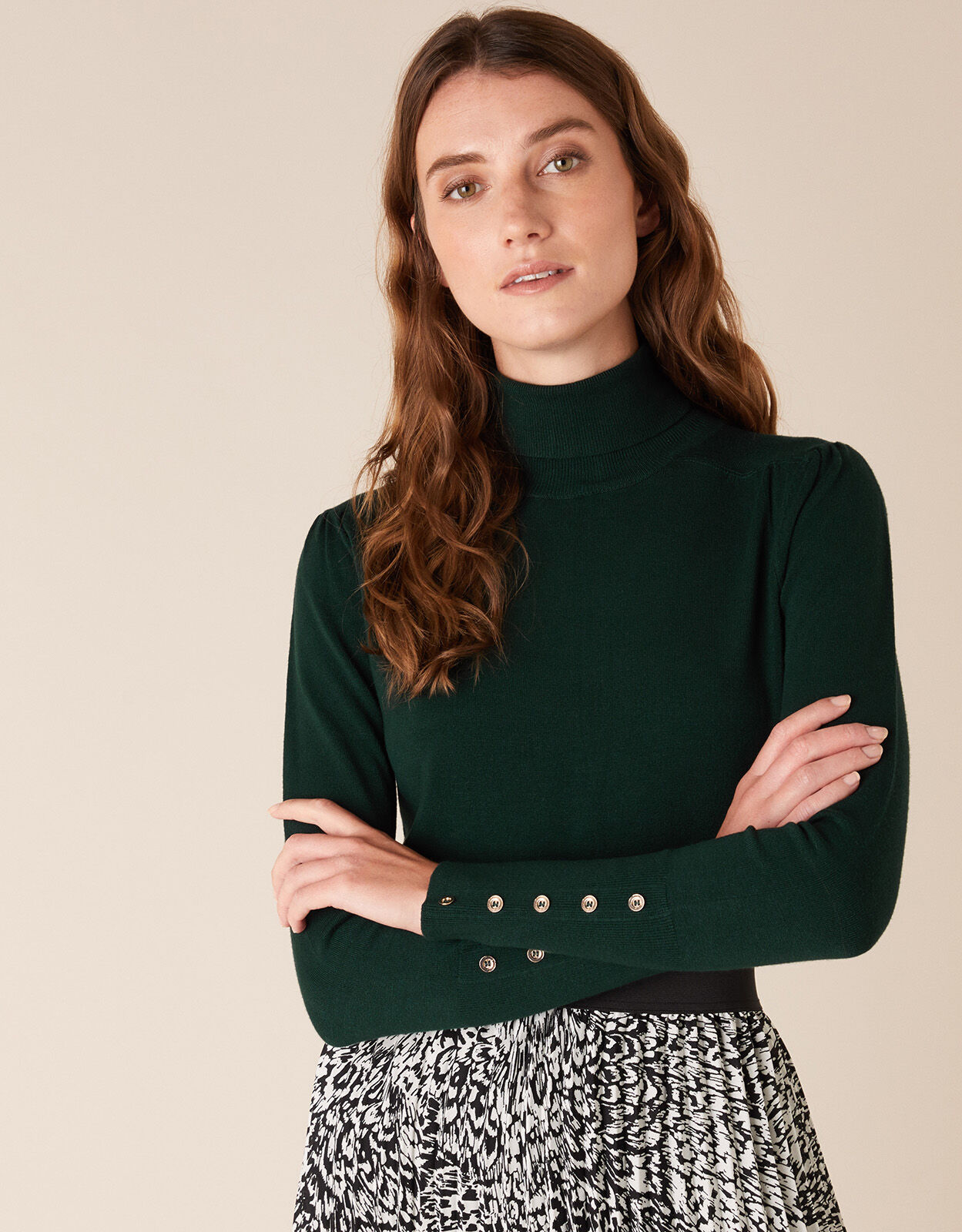 Roll Neck Button Cuffs Knit Jumper Green Jumpers Monsoon Global