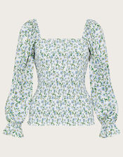 Ditsy Shirred Top in Recycled Polyester, Blue (BLUE), large