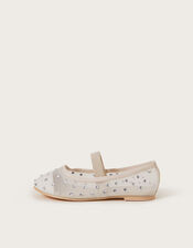 Diamante Mesh Ballerina Flats, Ivory (IVORY), large