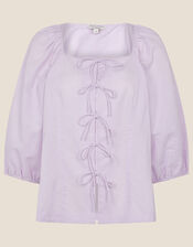 Tie Front Blouse in Linen Blend, Purple (LILAC), large