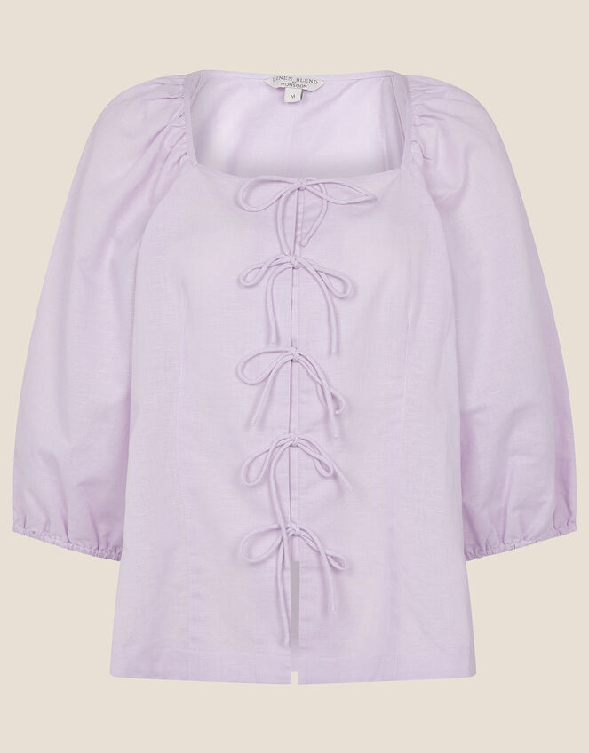 Tie Front Blouse in Linen Blend, Purple (LILAC), large