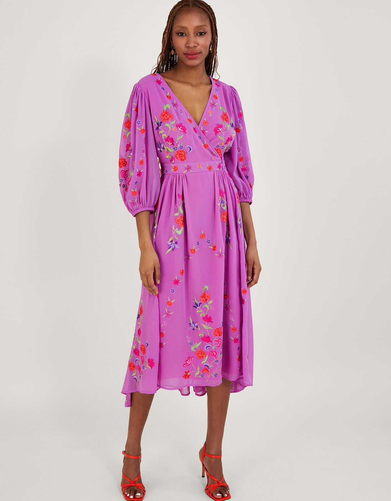 Embroidered wrap dress discount