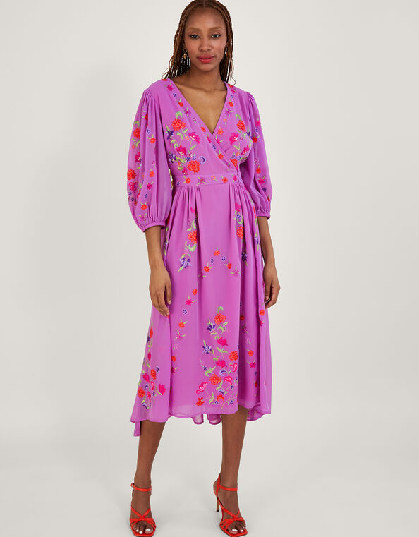 Lusia Embroidered Wrap Dress in Recycled Polyester, Purple (LILAC), large