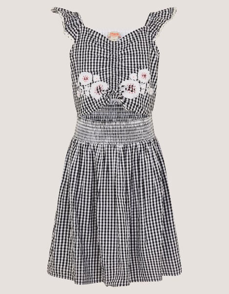 Floral Embroidered Gingham Cut-Out Dress, Black (BLACK), large