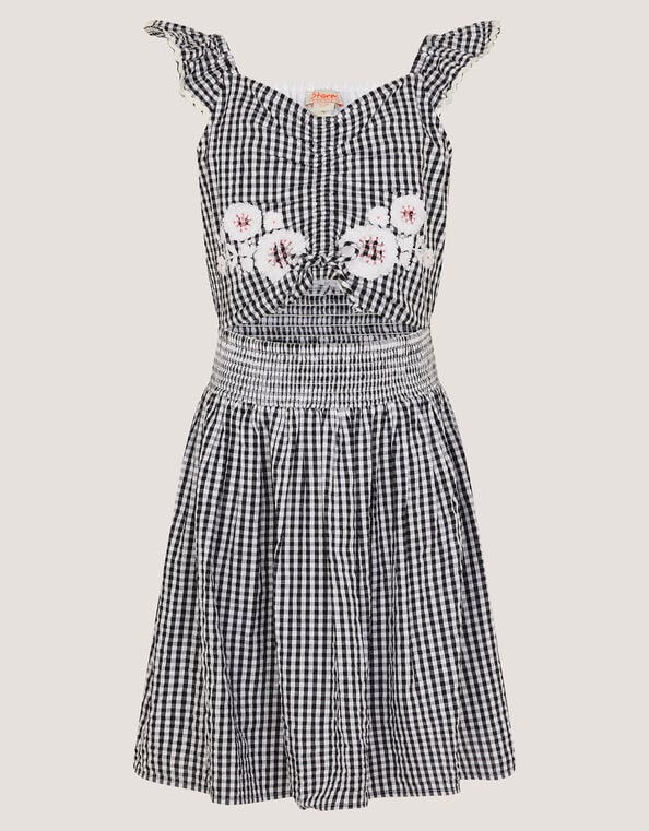 Floral Embroidered Gingham Cut-Out Dress, Black (BLACK), large