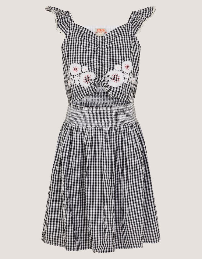 Floral Embroidered Gingham Cut-Out Dress, Black (BLACK), large
