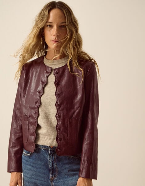 Penelope Scallop Faux Leather Jacket, Brown (CHOCOLATE), large